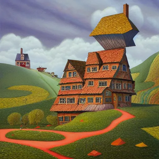 Image similar to a painting of a house on a hill, a detailed matte painting by Jacek Yerka, cg society contest winner, naive art, storybook illustration, 2d game art, matte background