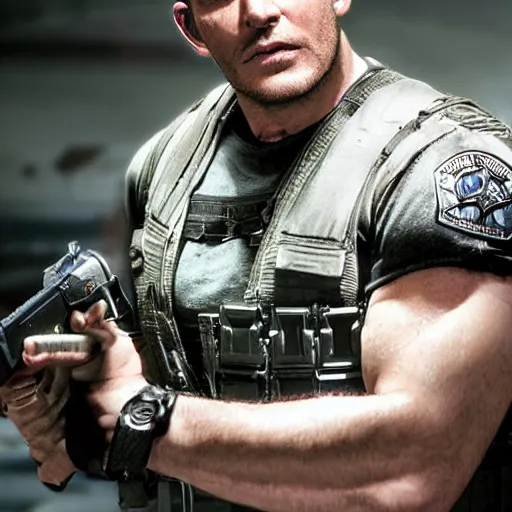 Image similar to chris redfield played by David Boreanaz in a resident evil movie, high detail, professional photography, high-resolution photograph
