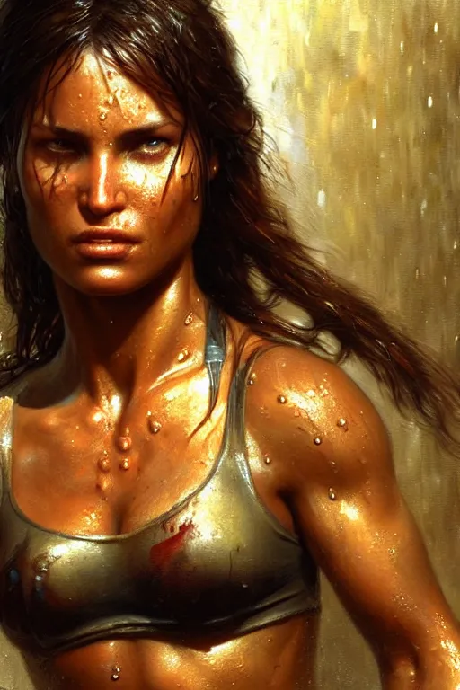 Prompt: muscular sweat and wet, lara croft, exhausted face close up, highly detailed painting by gaston bussiere, craig mullins, j. c. leyendecker 8 k