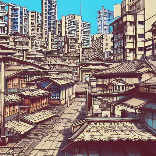 Prompt: japanese fishing town, japanese city, underground city, modern city, tokyo - esque town, 2 0 0 1 anime, cel - shading, compact buildings, sepia sunshine