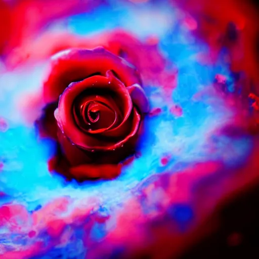 Prompt: award - winning macro of a beautiful rose made of molten magma, colored smoke and nebulae on empty, black background, highly detailed, trending on deviantart and artstation, nasa space photography, national geographic