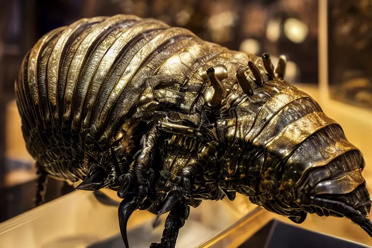 Image similar to photo taken of an epic intricate, ultra detailed, super realistic animatronic of a trilobite creature on display in a workshop, created by weta workshop, zoomed in shots, photorealistic, sharp focus, f 0. 4, face centred, macro photography, golden ratio, golden hour