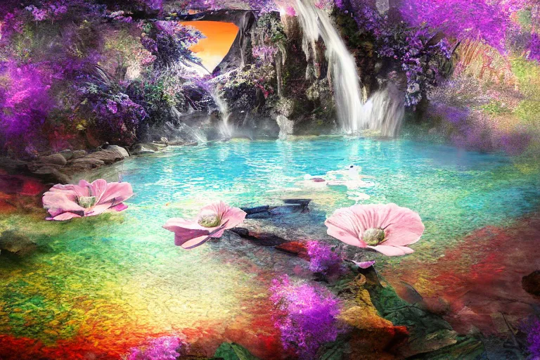 Prompt: a soothing hot spring at the edge of a dream, digital art