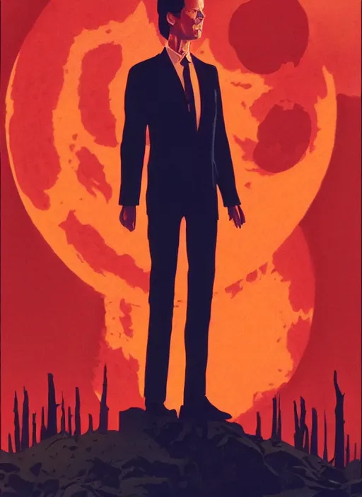 Image similar to Twin Peaks movie poster artwork by Michael Whelan and Tomer Hanuka, Rendering of Kyle MacLachlan gazing at the Blood moon tentacles, from a scene from Twin Peaks, clean, full of detail, Matte painting, trending on artstation and unreal engine