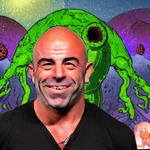 Image similar to Joe Rogan on a UFO with Aliens eating mushrooms and laughing, realistic