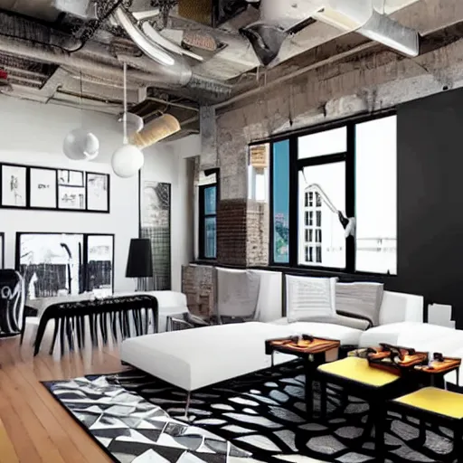 Image similar to trendy downtown loft with modern murals on the wall, modern art and patterns, interior design, beautiful architecture