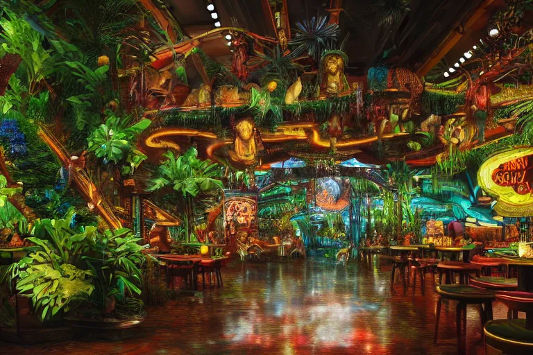 Image similar to photorealistic painting of a Rainforest Cafe by William Holman Hunt and Francesco Hayez, BladeRunner, dark, rainy, neon sign, octane render, 8k, award-winning, highly detailed, trending on arstation