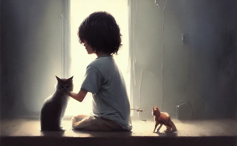 Prompt: painting of sad kid with a cat, hyper realistic t, natural light, concept art, by greg rutkowski, cozy atmospheric and cinematic lighting