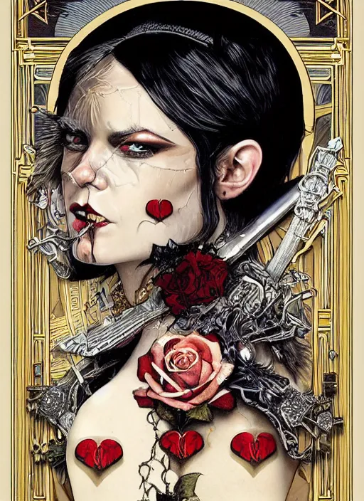 Image similar to tarot card :: horror :: vampires and draculas :: like the great gatsby :: hearts and roses :: gold and silver :: guns and swords :: side profile :: highly details :: intricate details :: Sandra Chevrier and bastien lecouffe deharme