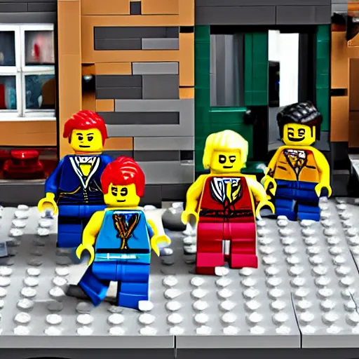 Image similar to Box art for a LEGO set of a gang confrontation in the streets