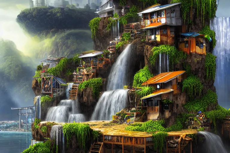 Prompt: waterfall favela honeybee hive, mission environment, lightning, industrial factory, award winning art, epic dreamlike fantasy landscape, ultra realistic,