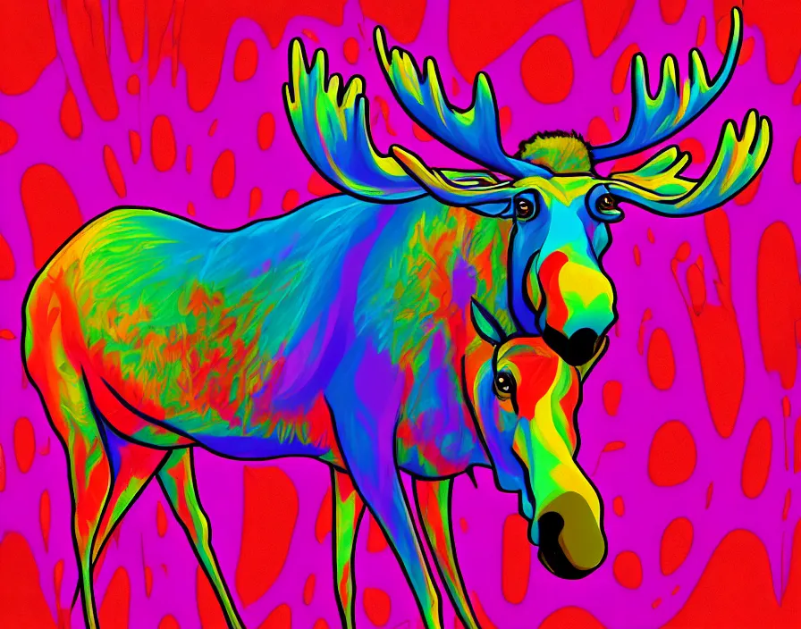 Image similar to moose in 6 0 s kitsch and psychedelia, digital painting, trending on artstation, sharp focus, 4 k