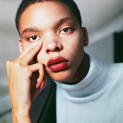 Image similar to realistic photoshooting for a new balenciaga lookbook, color film photography, portrait of a beautiful woman, in style of Tyler Mitchell, 35mm,