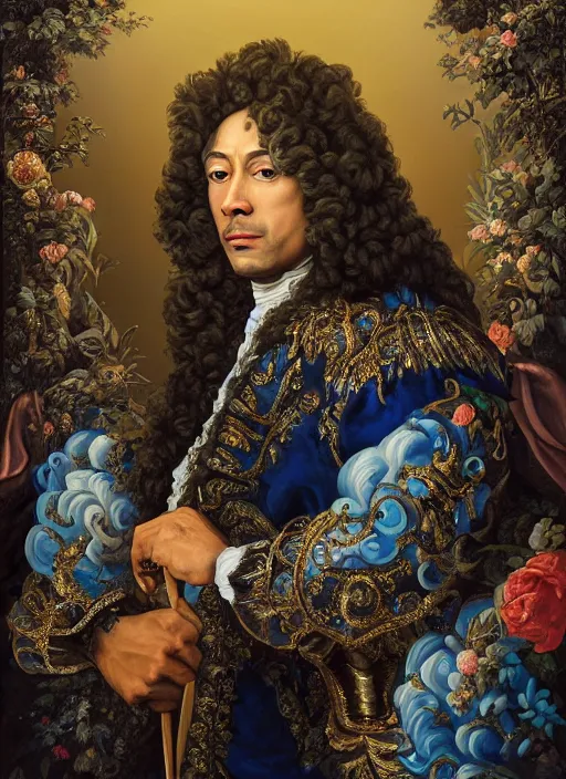 Image similar to beautiful baroque oil painting, full length portrait of Dwayne the rock Johnson as Louis xiv in coronation robes 1701, Dan Mumford, Dan Mumford, Alex grey, Alex grey, highly detailed , lsd visuals, dmt fractal patterns, hallucinogen, visionary art, psychedelic art, ornate, vaporwave