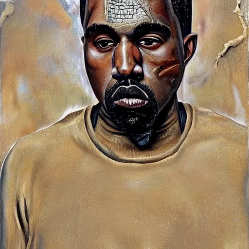 Image similar to very detailed surreal portrait of kanye west as his face melts. painted by salvador dali, 1 9 3 1. oil on canvas.