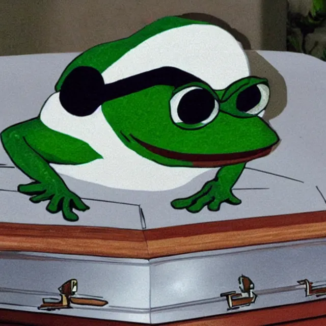 Image similar to pepe the frog in a casket, meme