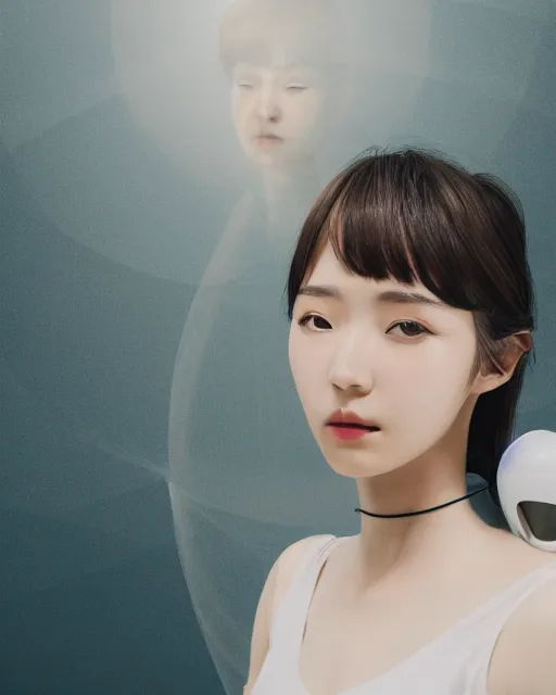 Prompt: beautiful centered photo portrait of korean girl as a solarpunk robotic humanoid with white mechanical parts with bright halogen lights, treading on calm water, ultra - realistic and detailed, sun lit, white background, bokeh, soft focus, slow exposure hdr 8 k