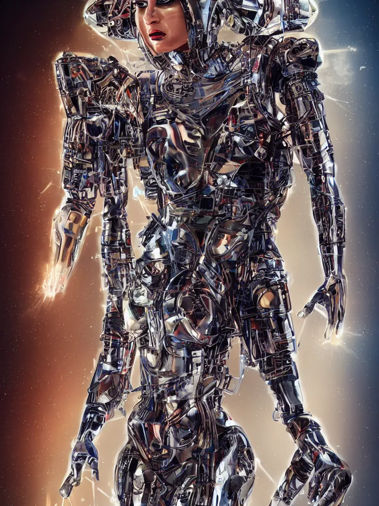 Image similar to full body portrait of the muscular Egyptian Android Pharaoh Queen, by DC comics and Sandra Chevrier and beeple, artstation, volumetric lighting and fog, hyperrealism, hyper detailed futuristic royalty, award winning costume design, cybernetic bionic ancient cyborg, fashion show runway, futuristic fine textures, woven with electricity, high fashion superpowers, floating dust particles, bokeh, mystic haze, 4k UHD, HDR