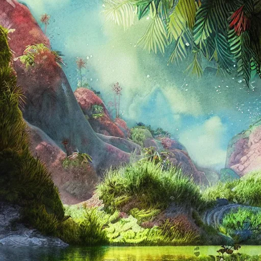 Image similar to beautiful detailed watercolor of a lush natural scene on a colourful alien planet by vincent bons. ultra sharp high quality digital render. detailed. beautiful landscape. weird vegetation. water. soft colour scheme. grainy.
