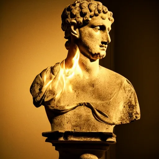 Image similar to an ancient Roman bust on fire in a dark room, high contrast, black, realistic