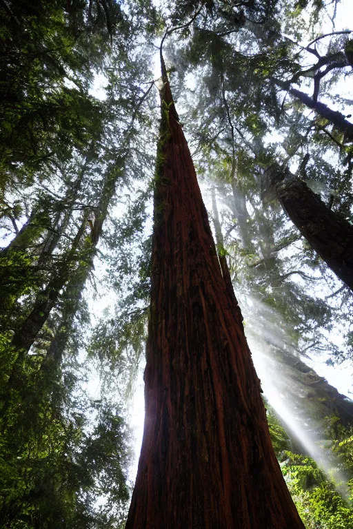 Image similar to In some of the column carved with Norse gods there is a huge glowing redwood, light filtering through the gaps in the leaves, Sparkling in the flowing creek, Tyndall effect, hone finished, national geographic, 8K, hyper detailed, crepuscular ray, low angle, superwide shot, lunapunk