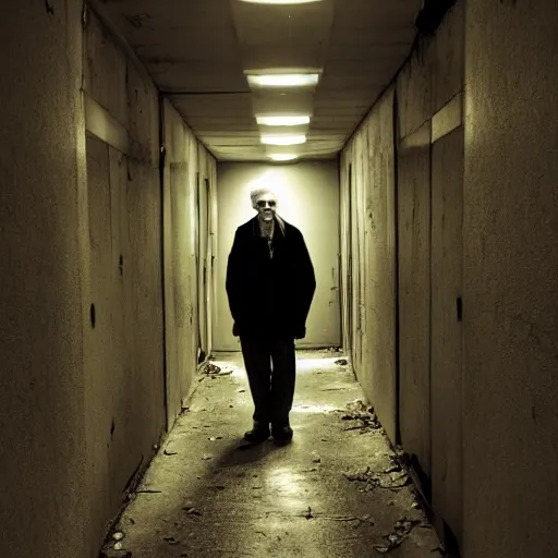 Image similar to an smiling old man in an abandoned hallway at night