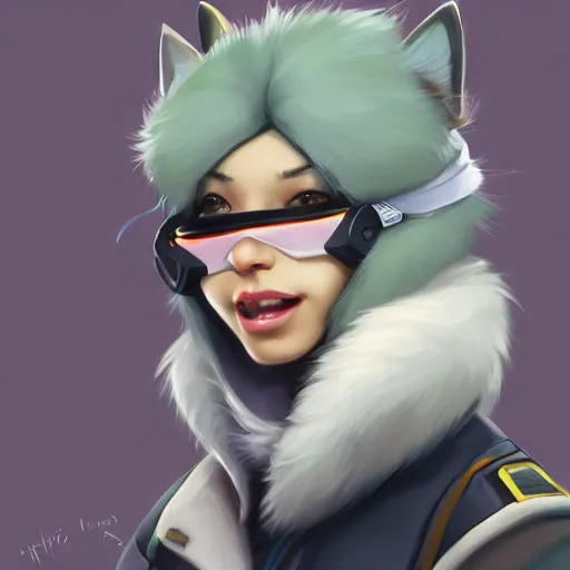 Image similar to Portrait painting an anthropomorphic Gray cat wearing a jacket and a collar, as an Overwatch character, medium shot, asymmetrical, profile picture, Organic Painting, sunny day, Matte Painting, bold shapes, hard edges, street art, trending on artstation, by Huang Guangjian and Gil Elvgren and Sachin Teng