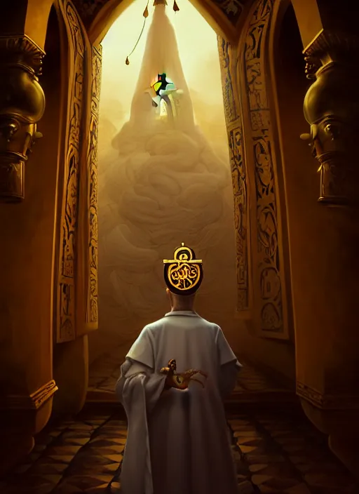 Image similar to surrealistic portrait of cute fluffy anthropomorphic caracal as orthodox priest in golden clothes, caracal head, wearing vr, in orthodox church at background, dynamic lighting, darkness, ambients, dramatic, foggy, heavy bokeh and blur, cinematic, depth of field, art by bussiere rutkowski andreas rocha