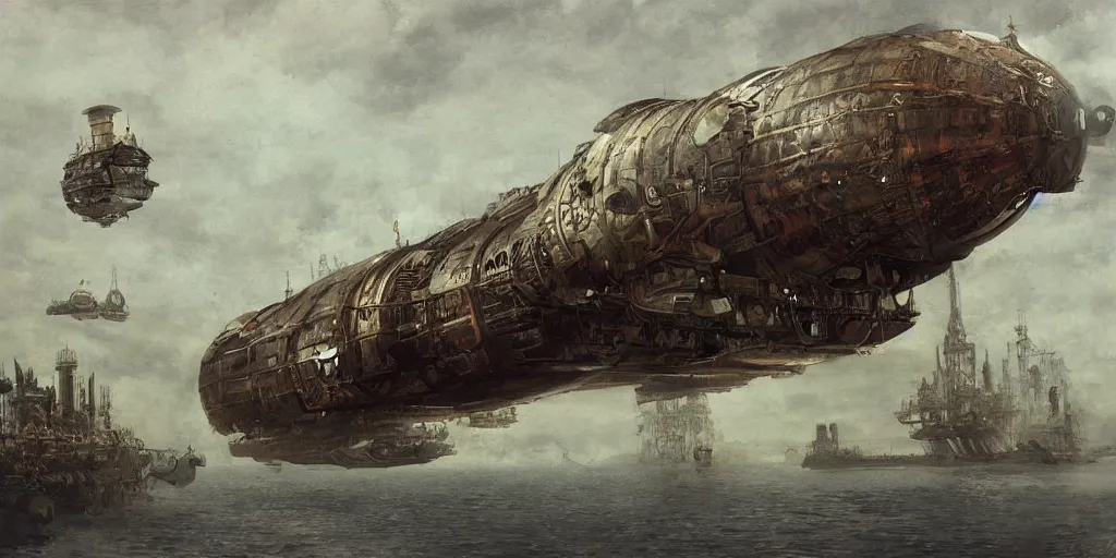 Image similar to a giant floating steampunk airship, by Mikhail Vrubel, trending on artstation