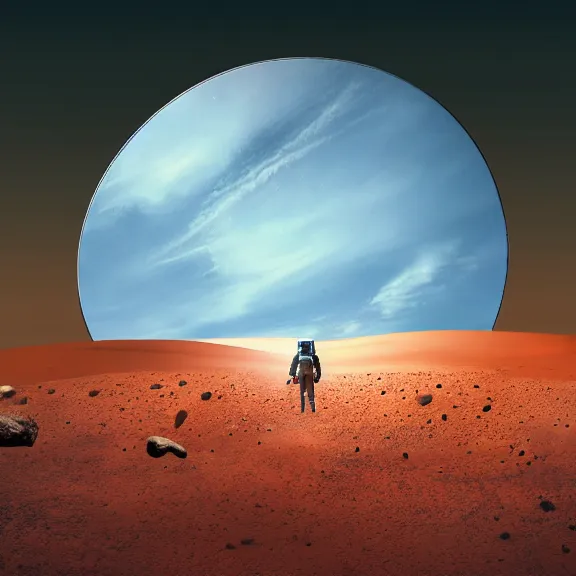 Image similar to wide shot a circular portal opened in an empty field showing an astronaut on the surface of mars on the other side. hyper realistic, 4 k