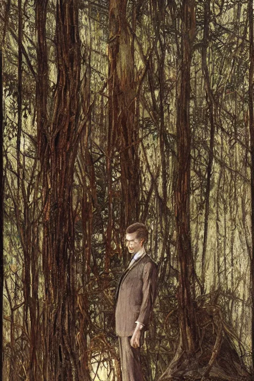 Prompt: close up portrait of slender - man wearing a suit, in a deserted playground in the woods, by frantisek kupka, intricate, miles johnston, kuroda seiki, cynical realism, ozabu, john william godward, painterly, yoshitaka amano, moebius, miles johnston, louise zhang, james jean, mark ryden