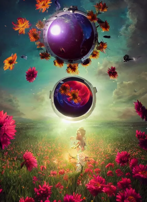 Image similar to An epic fantastic realism comic book style painting of the most beautiful flowers launched into space, bouquets, solar eclipse, fisheye, unreal 5, DAZ, hyperrealistic, octane render, dynamic lighting