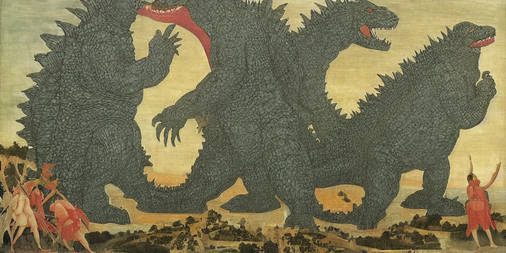 Prompt: godzilla by sandro botticelli, painting