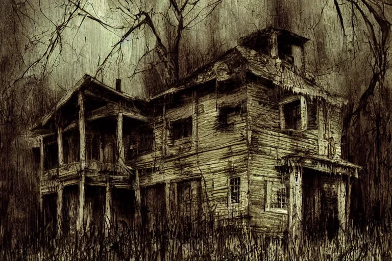 Image similar to mad horror painting of an old wooden house in the woods by ben templesmith