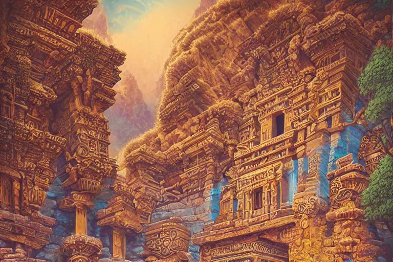 Image similar to Detailed render of an ancient intricate and ornate temple in canyon by Michael Whelan and Benjamin Lacombe and Megan Duncanson, super details, colorful, ornate background, intricate details