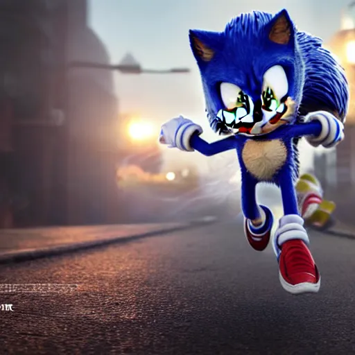 Image similar to hyperrealistic sonic the hedgehog running, stunning 3 d render inspired by istvan sandorfi & greg rutkowski & mike judge, perfect symmetry, dim volumetric cinematic lighting, 8 k octane comprehensive render, extremely mega hyper - detailed and lifelike attributes & atmosphere, intricate, realistic flesh texture, masterpiece, artstation, stunning,