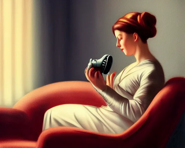 Prompt: beautiful vintage woman sitting in a loveseat using a rotary phone, cinematic lighting, caravaggio, artstation