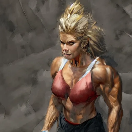 Prompt: a very beautiful portrait of a hulking herculean bodybuilder muscular musclebound bodybuilder woman, very beautiful face, pretty face, very detailed eyes, muscular, by wlop, greg rutkowski, simon bosley