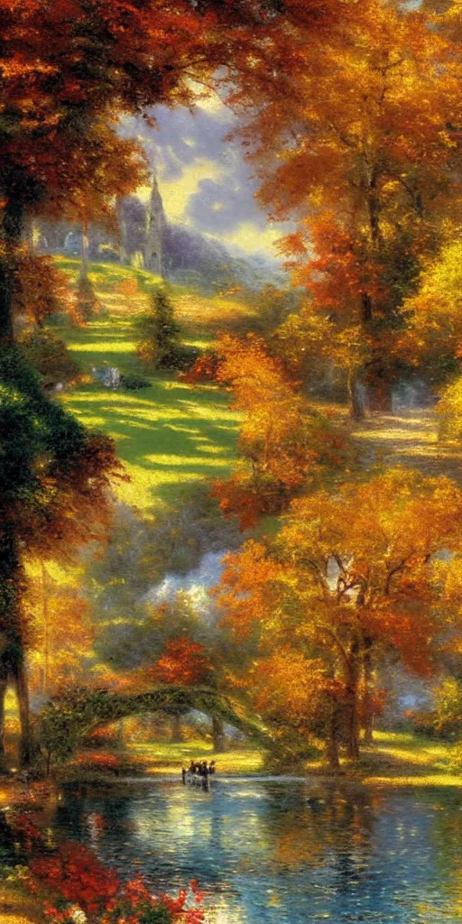 Prompt: an autumn scene by thomas kinkade and auguste renoir and thomas moran