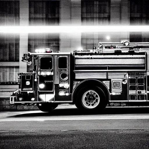Image similar to A firetruck at night, city streets, back view, off angle, rule of thirds, dark shading, flashing lights, wet reflective concrete, city, photograph, award winning, deviantart