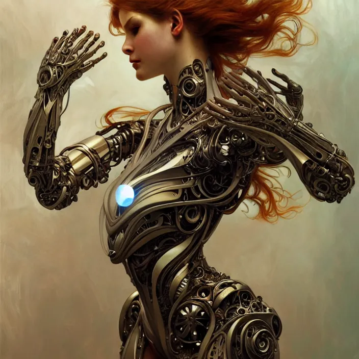 Image similar to organic cyborg, diffuse lighting, fantasy, intricate, elegant, highly detailed, lifelike, photorealistic, digital painting, artstation, illustration, concept art, smooth, sharp focus, correct human hand proportions, art by john collier and albert aublet and krenz cushart and artem demura and alphonse mucha