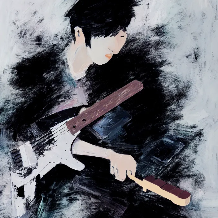 Image similar to large diagonal brush strokes, abstract dark painting of a young korean male musician wearing black tank top holding a telecaster!!! electric guitar!! in a dark room, thick flowing dramatic brush strokes, matte colors, abstract, impressionist, movement, trending on artstation