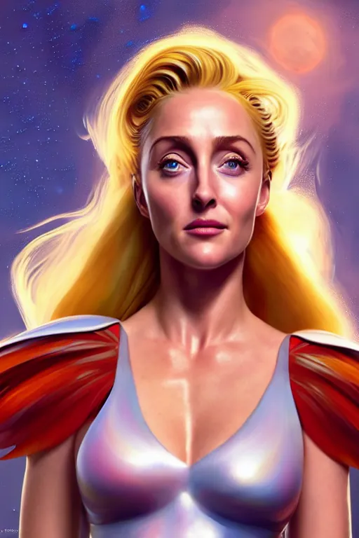 Image similar to polished sweaty she - ra : : young gillian anderson annasophia robb : : kate upton body : : weta disney pixar movie still photo : : hi - fructose, sci fi, fantasy, decadent highly - detailed digital painting, golden ratio, octane render, artstation, smooth, sharp focus, artgerm, mucha, loish, wlop : :