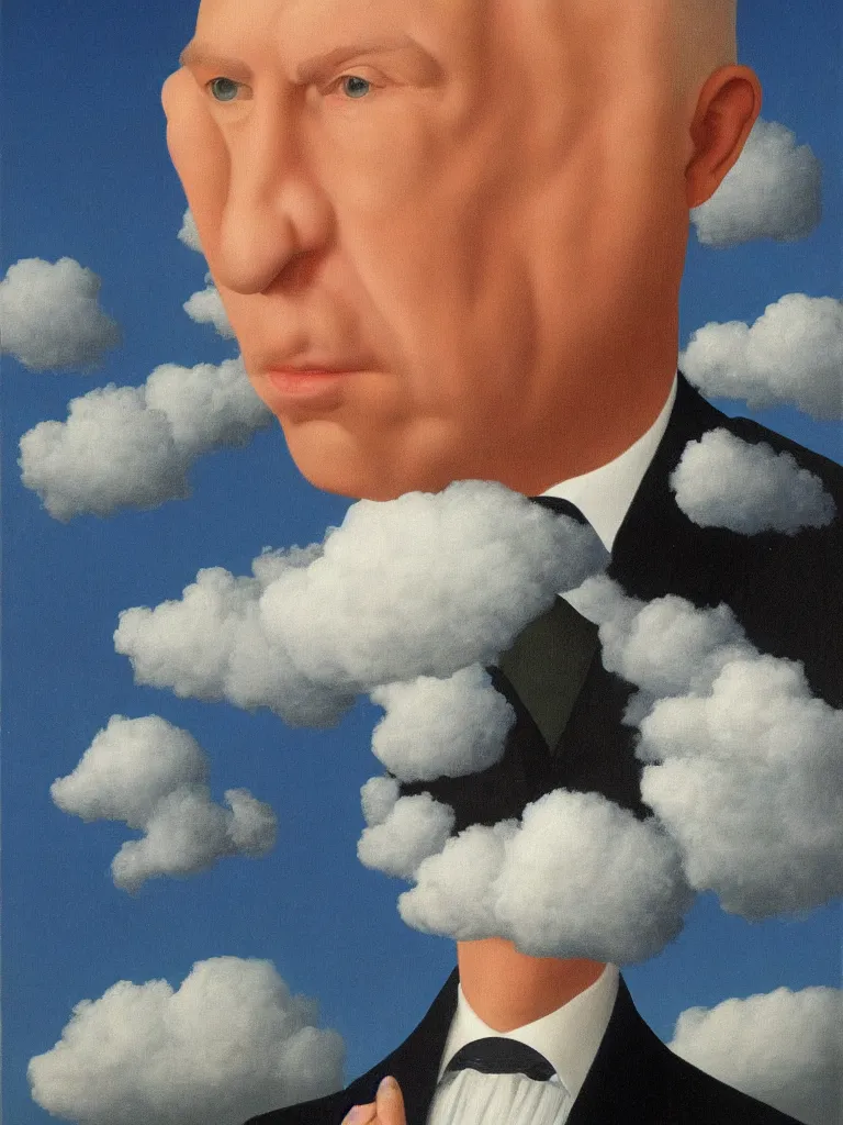 Prompt: portrwit of man with cloud instead of his head by rene magritte, detailed painting, hd, hq, high resolution, high detail, 4 k, 8 k