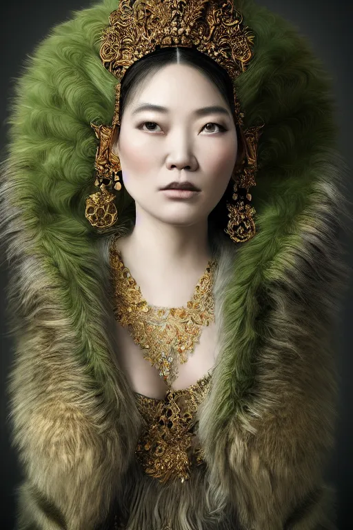 Image similar to a beautiful empress portrait, with a brilliant, impossible striking huge fur headpiece, fur clothes robes, everything fur, symmetrical, dramatic studio lighting, rococo, baroque, greens, asian, hyperrealism, closeup, D&D, fantasy, intricate, elegant, highly detailed, digital painting, artstation, octane render, 8k, concept art, matte, sharp focus, illustration, art by Artgerm and Greg Rutkowski and Alphonse Mucha