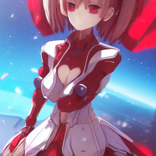 Image similar to digital anime art, wlop, rossdraws, sakimimichan, > > very small cute girl < < standing on a large wooden table, red mech arms + red mech legs,