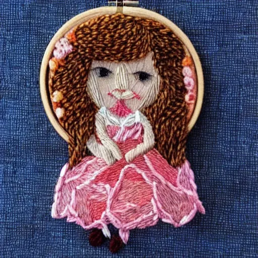 Prompt: a tiny beautiful handmade embroidery of a little girl with brown curly hair. hand embroidery.