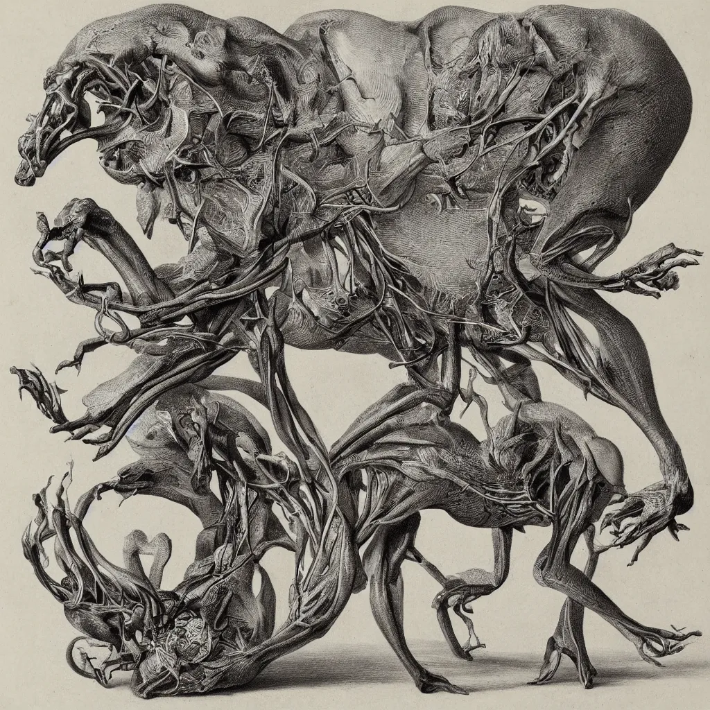 Image similar to anatomical engraving of an unknown specie, anatomical study of animal hybrids from another universe