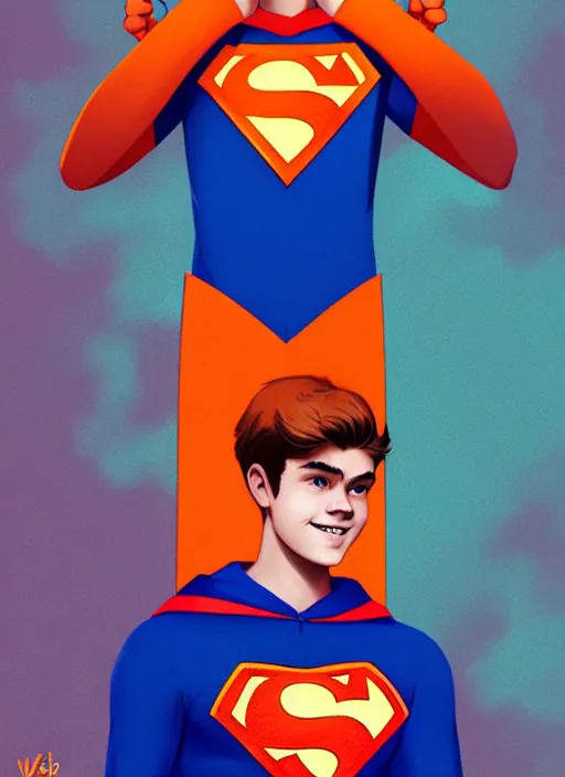 Image similar to friendly teenage archie andrews wearing an orange superhero costume with heart logo, heart, freckles, blue cape, heart emblem on chest, blue cape, intricate, elegant, glowing lights, highly detailed, digital painting, artstation, sharp focus, illustration, art by wlop, mars ravelo and greg rutkowski