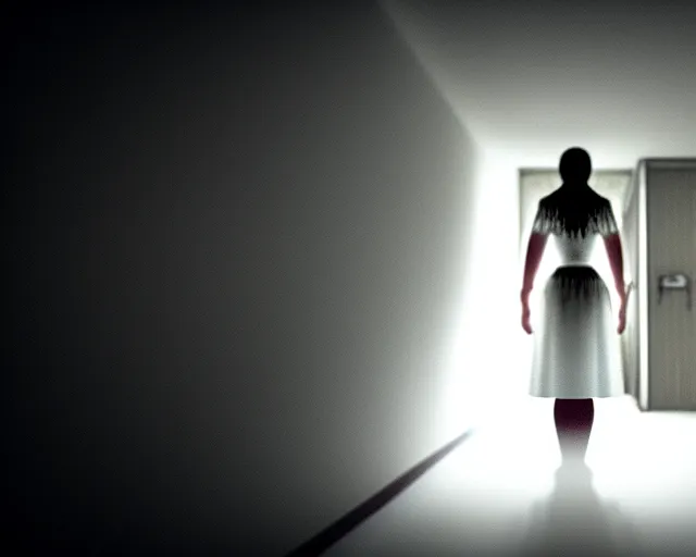 Image similar to creepy woman wearing white dress standing in the backrooms, playable trailer, psychological horror, the eerie forlorn atmosphere of a place that's usually bustling with people but is now abandoned and quiet, buzzing fluorescent lights above the ceiling, unsettling images, liminal space, dark